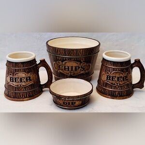 Vintage Chips Dip and Beer Mug Barrel Style Set - 4pc